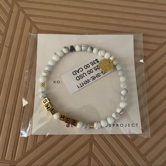 Little Words Project Bracelet She Her Stretch Beaded Gold Marble Neutral Casual - Picture 5 of 5